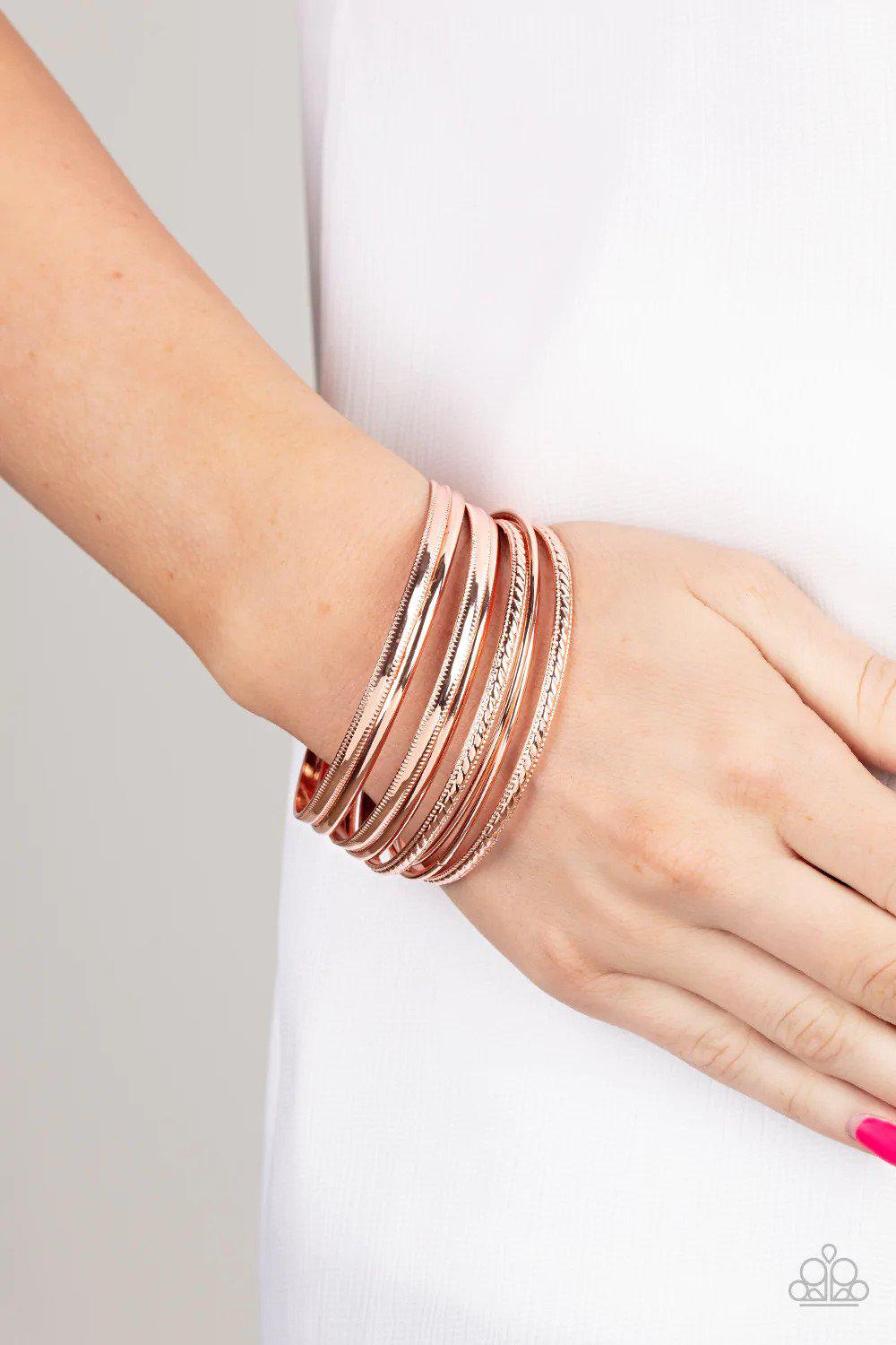 Stackable Shimmer Copper Bracelet - Paparazzi Accessories-on model - CarasShop.com - $5 Jewelry by Cara Jewels