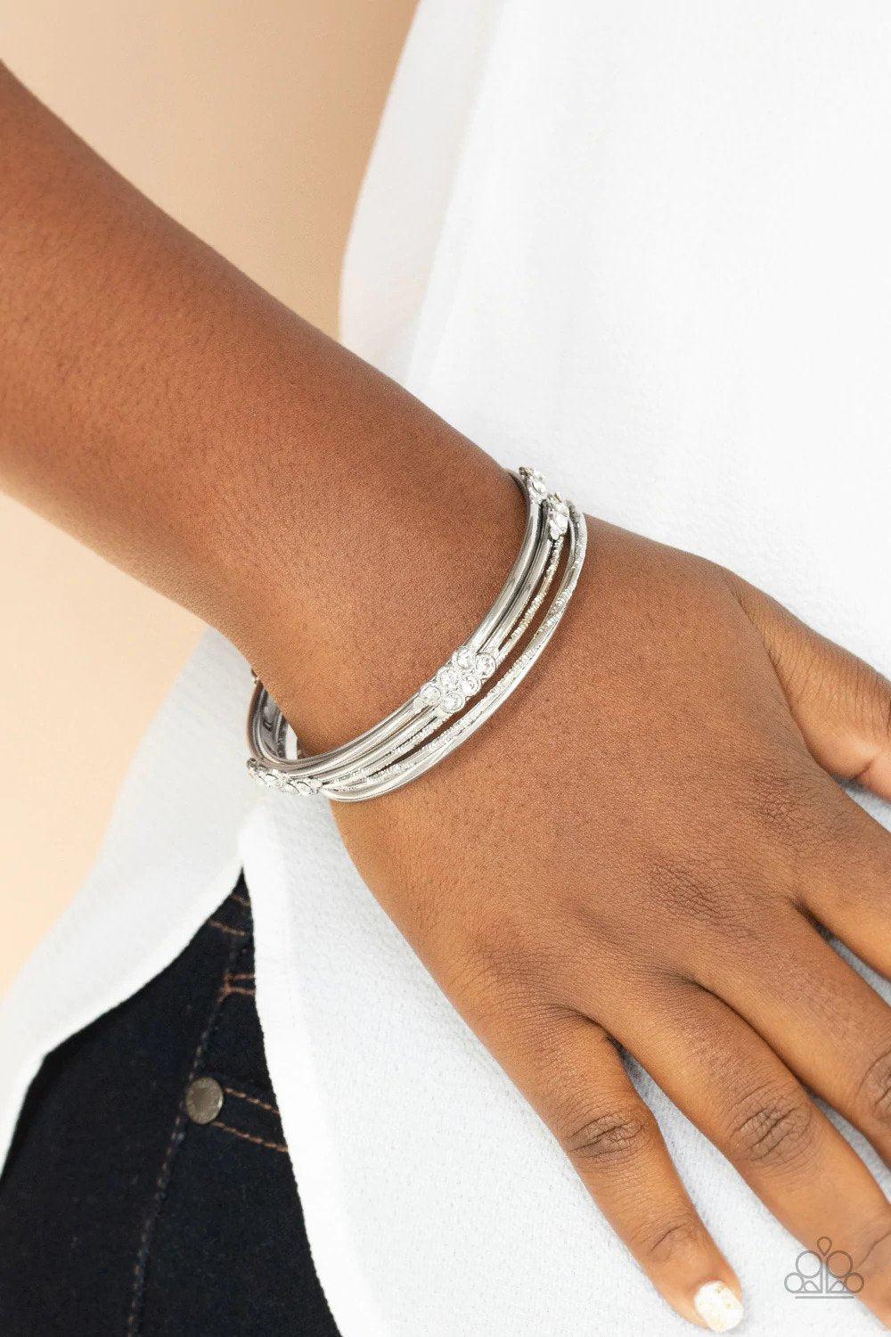 Stackable Sparkle White Bracelet - Paparazzi Accessories- on model - CarasShop.com - $5 Jewelry by Cara Jewels