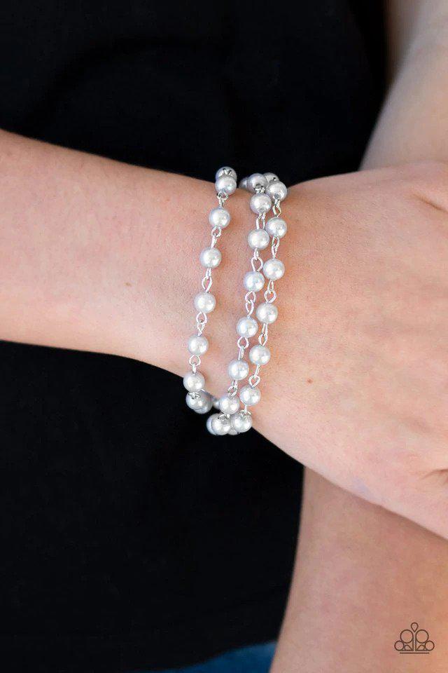 Stage Name Silver Pearl Bracelet - Paparazzi Accessories- on model - CarasShop.com - $5 Jewelry by Cara Jewels