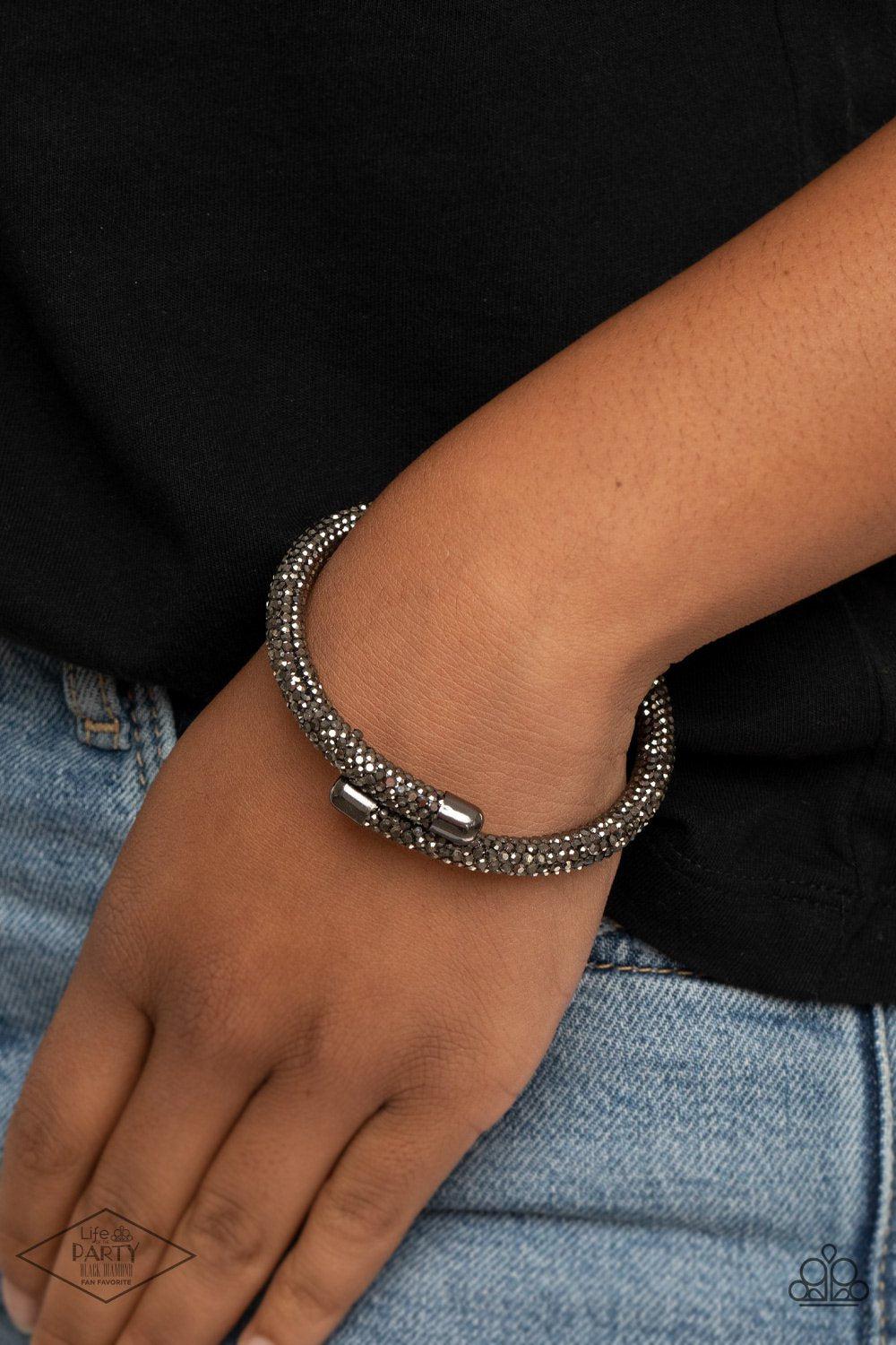 Stageworthy Sparkle Black Hematite Overlapping Cuff Bracelet - Paparazzi Accessories - model -CarasShop.com - $5 Jewelry by Cara Jewels