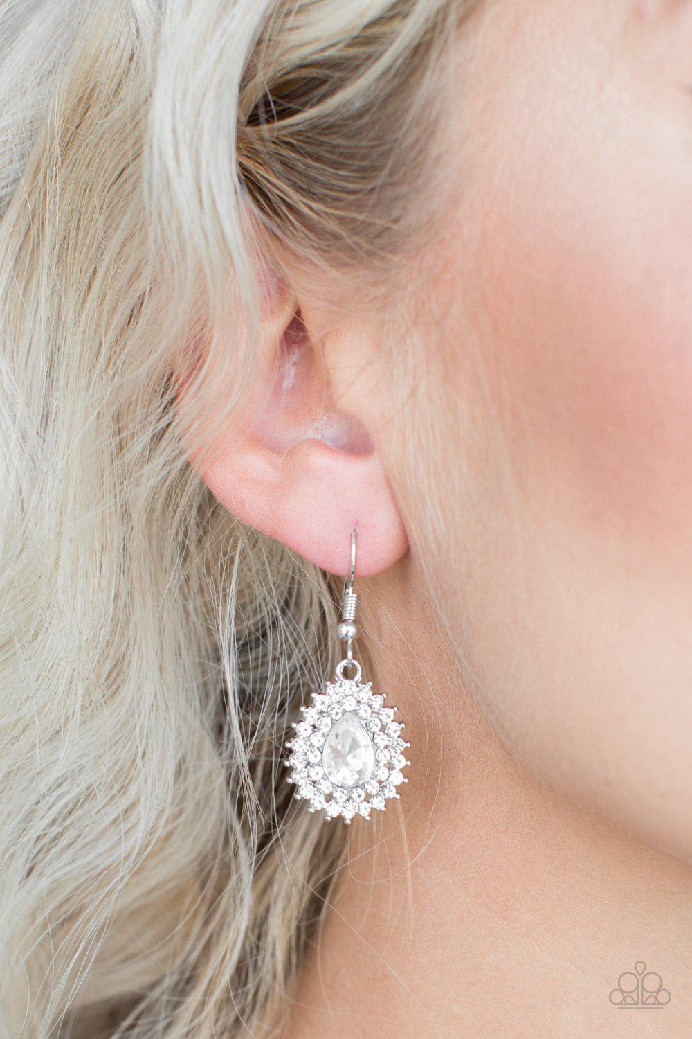 Star-Crossed Starlet White Teardrop Rhinestone Earrings - Paparazzi Accessories-CarasShop.com - $5 Jewelry by Cara Jewels