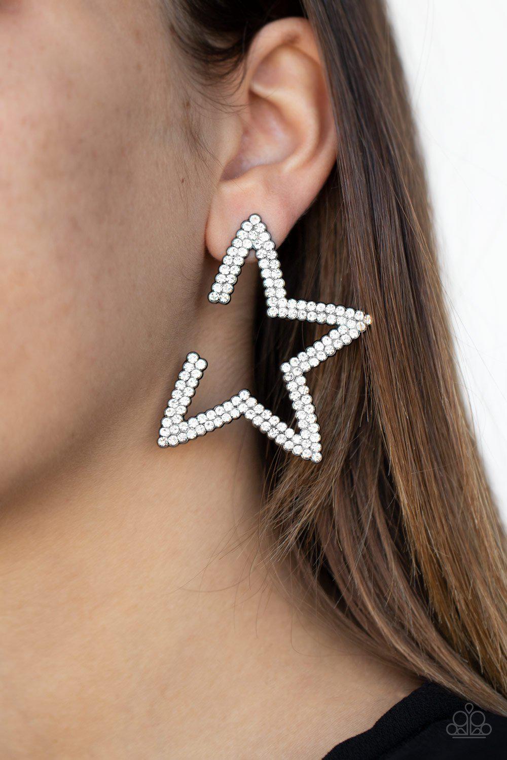 Star Player Gunmetal Black and White Rhinestone Earrings - Paparazzi Accessories - model -CarasShop.com - $5 Jewelry by Cara Jewels