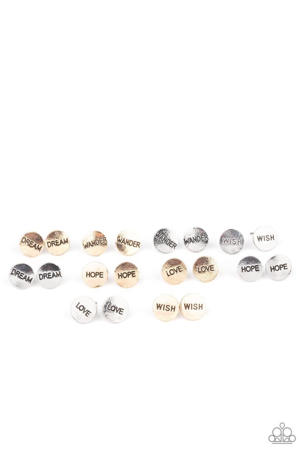 Starlet Shimmer Children&#39;s Gold and Silver Inspirational Post Earrings - Paparazzi Accessories (set of 10 pairs) - Full set -CarasShop.com - $5 Jewelry by Cara Jewels