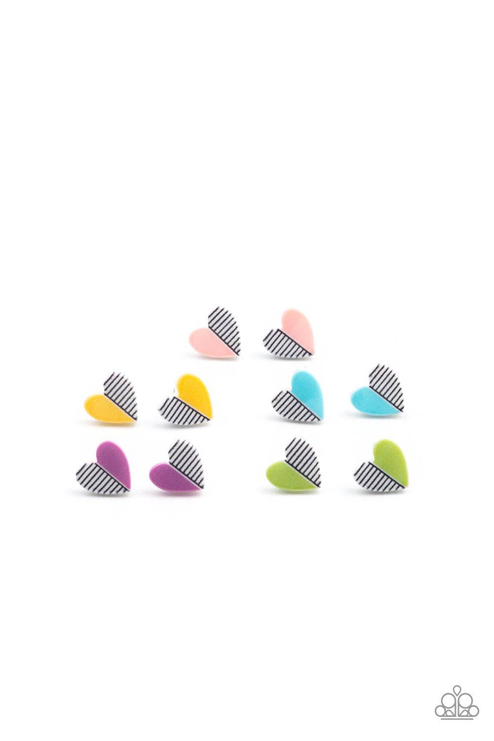 Starlet Shimmer Children&#39;s Striped Heart Post Earrings - Paparazzi Accessories (set of 5 pairs) - Full set -CarasShop.com - $5 Jewelry by Cara Jewels