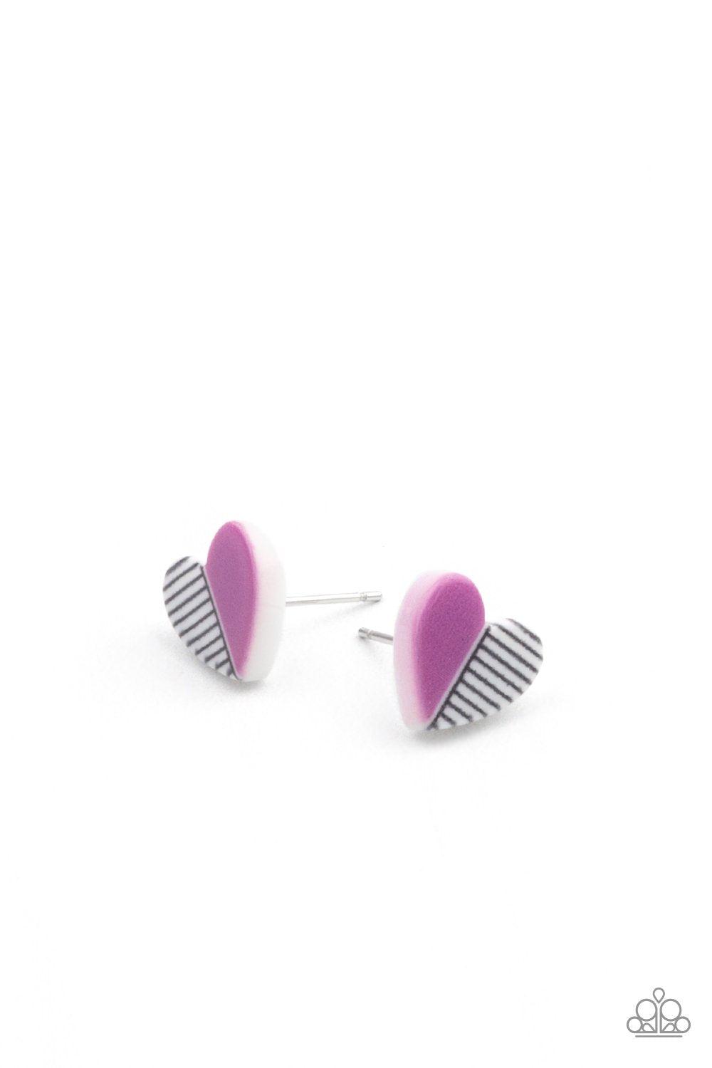 Starlet Shimmer Children&#39;s Striped Heart Post Earrings - Paparazzi Accessories (set of 5 pairs) - lightbox -CarasShop.com - $5 Jewelry by Cara Jewels
