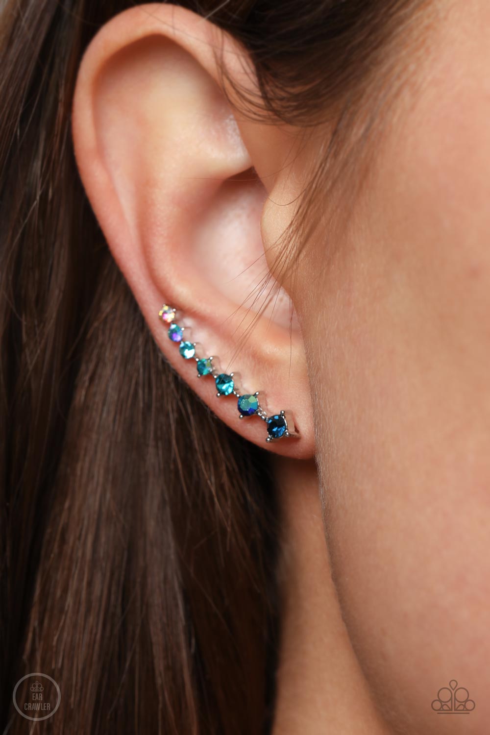 STARLIGHT Show Blue Rhinestone Ear Crawler Earrings - Paparazzi Accessories-on model - CarasShop.com - $5 Jewelry by Cara Jewels
