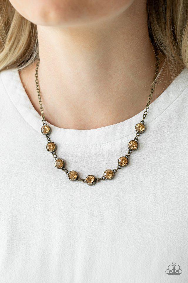Starlit Socials Brass Necklace - Paparazzi Accessories-on model - CarasShop.com - $5 Jewelry by Cara Jewels