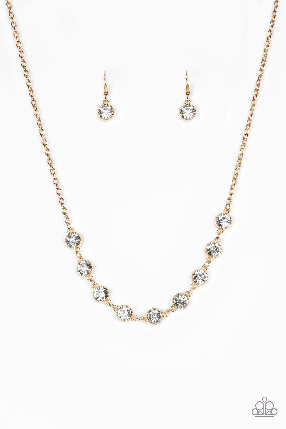 Starlit Socials Gold and White Rhinestone Necklace - Paparazzi Accessories-CarasShop.com - $5 Jewelry by Cara Jewels