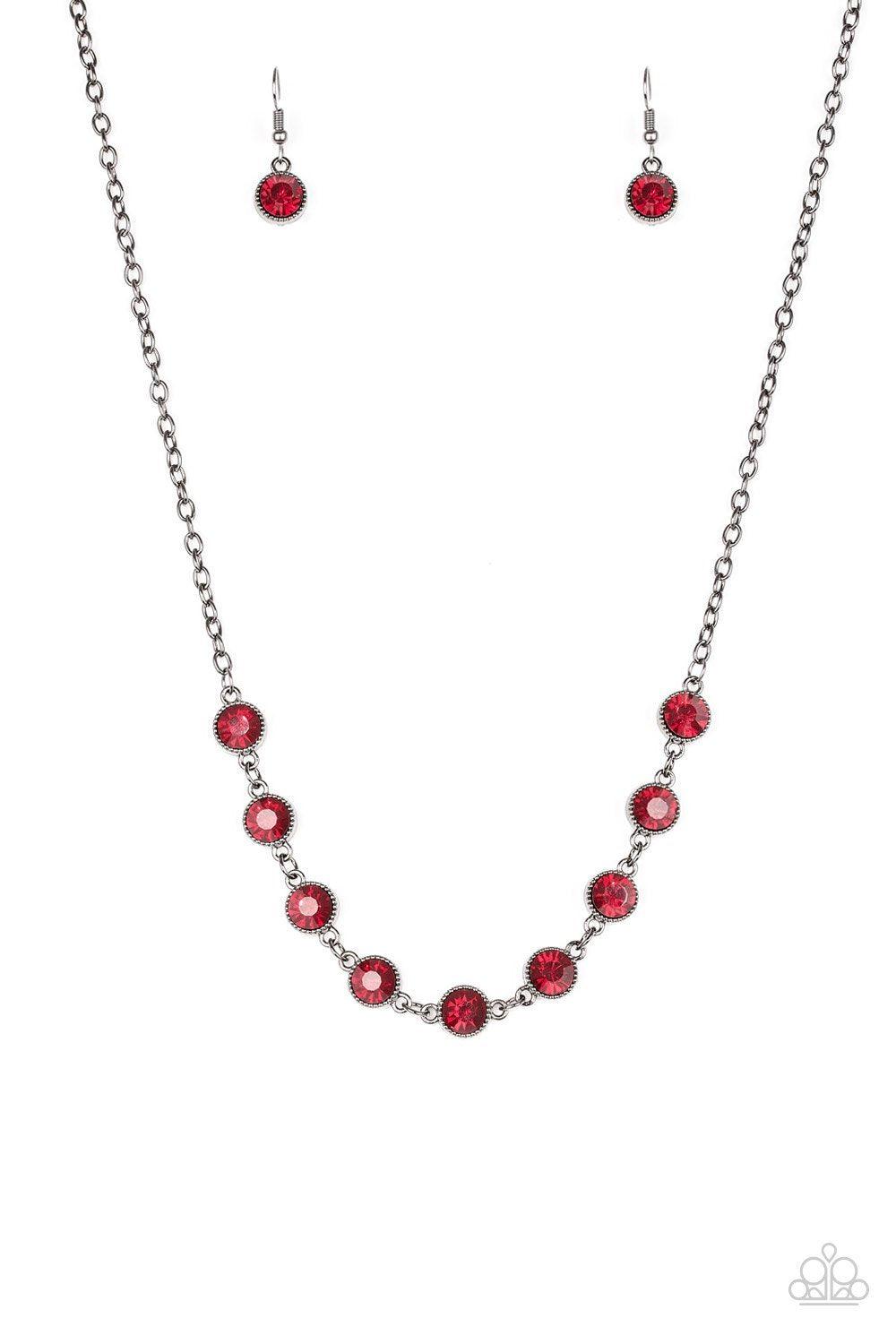 Starlit Socials Red Gem and Gunmetal Necklace - Paparazzi Accessories-CarasShop.com - $5 Jewelry by Cara Jewels