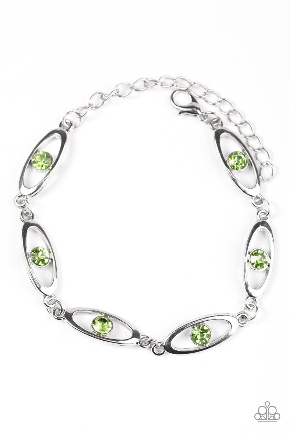 Starry Eyed Silver and Green Rhinestone Bracelet - Paparazzi Accessories-CarasShop.com - $5 Jewelry by Cara Jewels