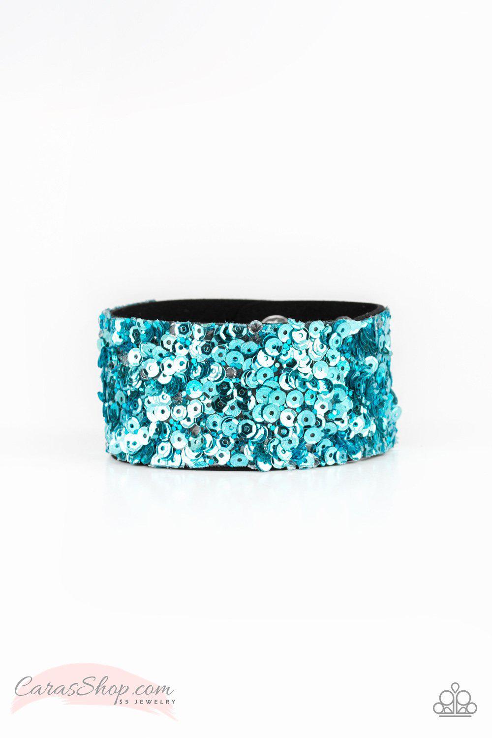 Starry Sequins Blue Sequin Wrap Snap Bracelet - Paparazzi Accessories-CarasShop.com - $5 Jewelry by Cara Jewels