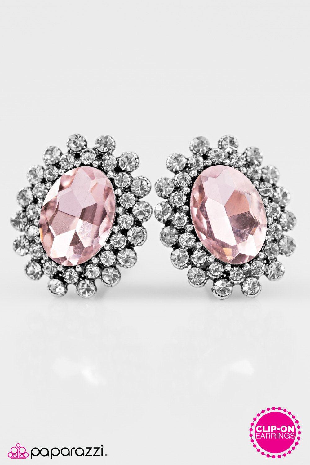 Starry Shine Pink and White Rhinestone Clip-on Earrings - Paparazzi Accessories-CarasShop.com - $5 Jewelry by Cara Jewels