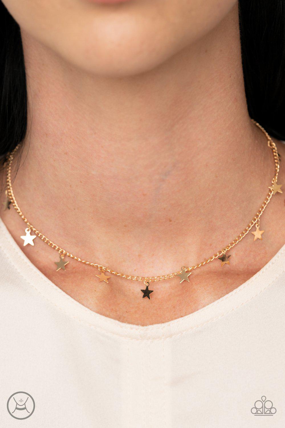 Starry Skies Gold Star Choker Necklace - Paparazzi Accessories - model -CarasShop.com - $5 Jewelry by Cara Jewels