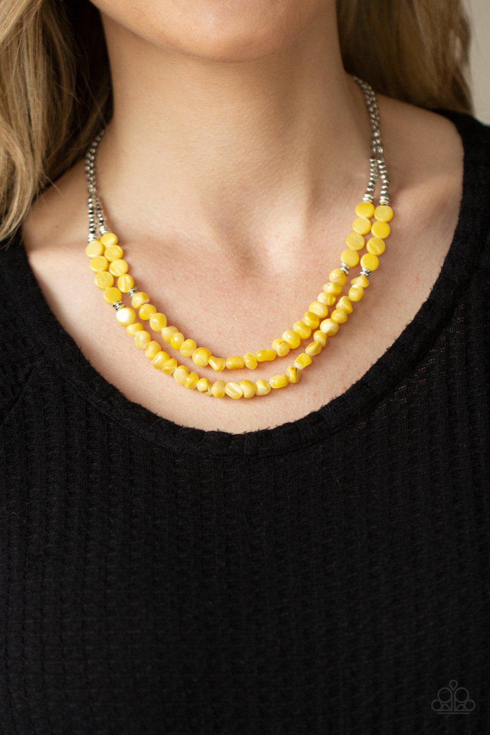 Staycation Status Yellow and Silver Necklace - Paparazzi Accessories- model - CarasShop.com - $5 Jewelry by Cara Jewels