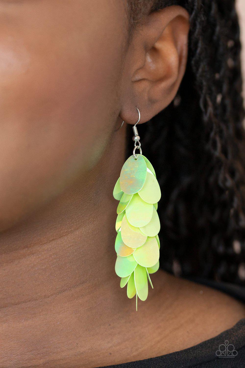 Stellar In Sequins Green Iridescent Sequin Earrings - Paparazzi Accessories- model - CarasShop.com - $5 Jewelry by Cara Jewels
