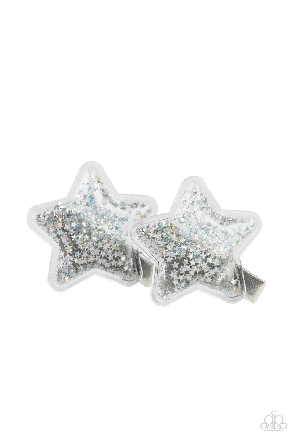 Stellar-ista Silver Star Hair Clip - Paparazzi Accessories- on model - CarasShop.com - $5 Jewelry by Cara Jewels