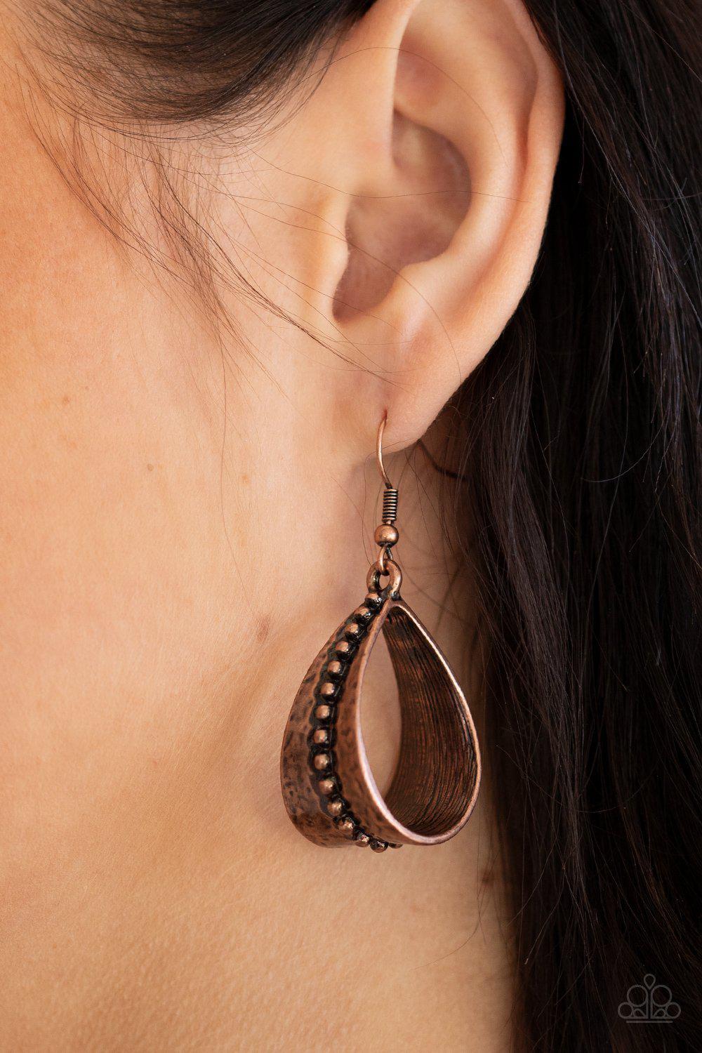 STIRRUP Some Trouble Copper Earrings - Paparazzi Accessories - model -CarasShop.com - $5 Jewelry by Cara Jewels