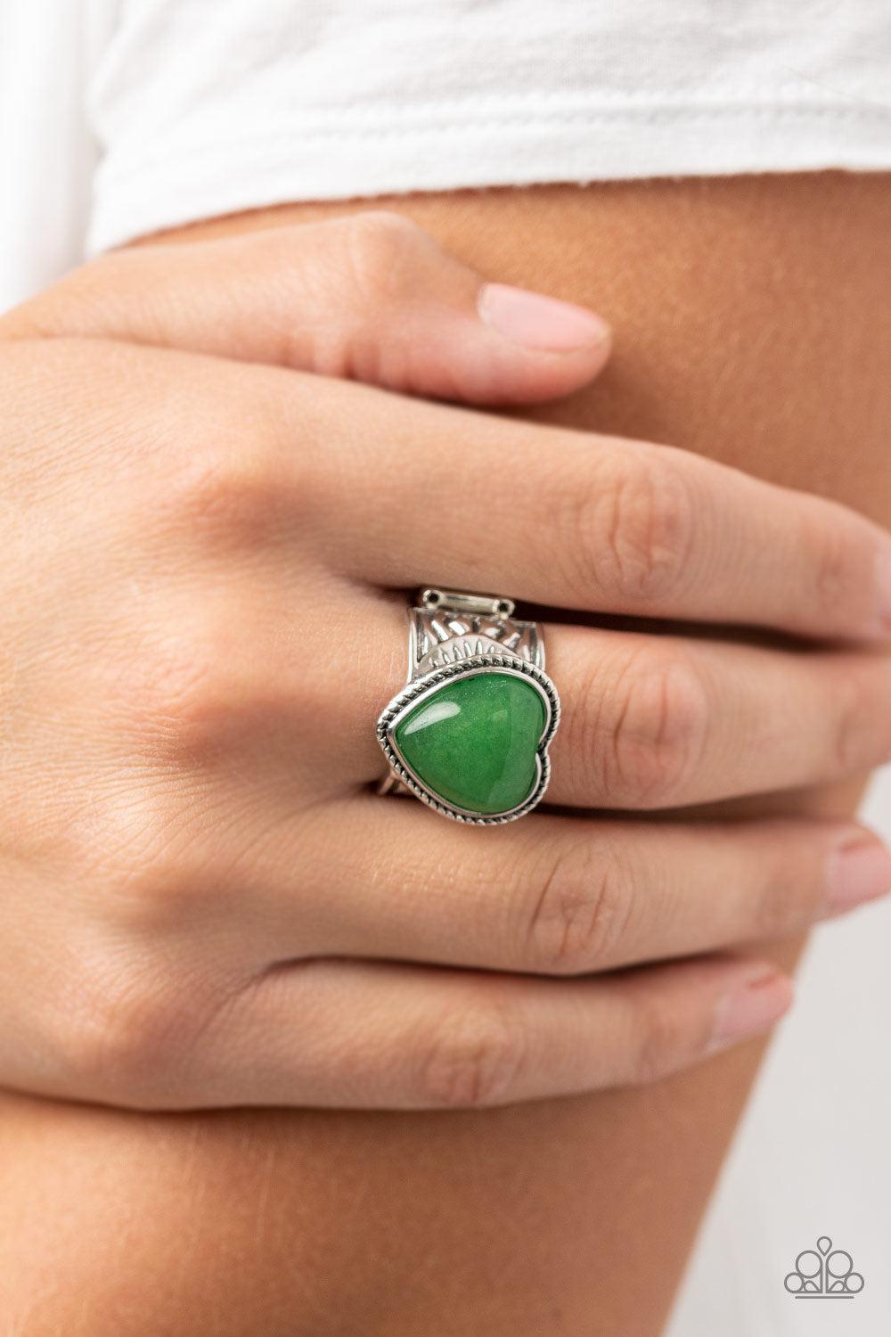 Stone Age Admirer Green Stone Heart Ring - Paparazzi Accessories-on model - CarasShop.com - $5 Jewelry by Cara Jewels