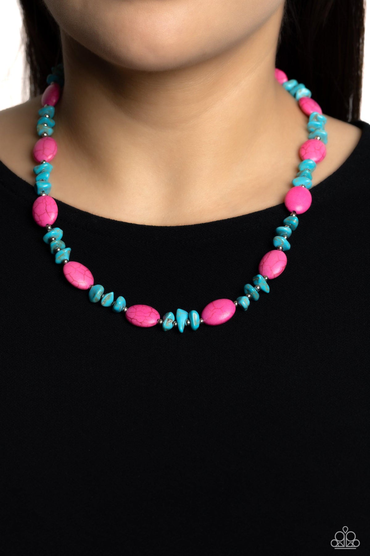 Stone Age Showcase Pink &amp; Turquoise Stone Necklace-on model - CarasShop.com - $5 Jewelry by Cara Jewels