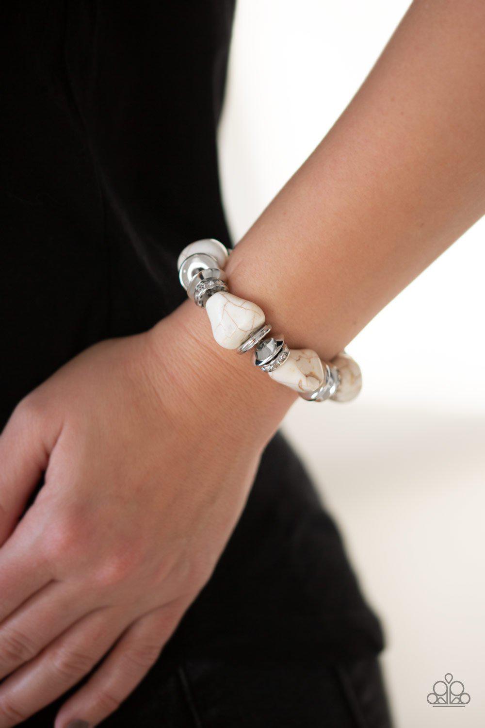 Stone Age Stunner Silver and White Stone Bracelet - Paparazzi Accessories-CarasShop.com - $5 Jewelry by Cara Jewels