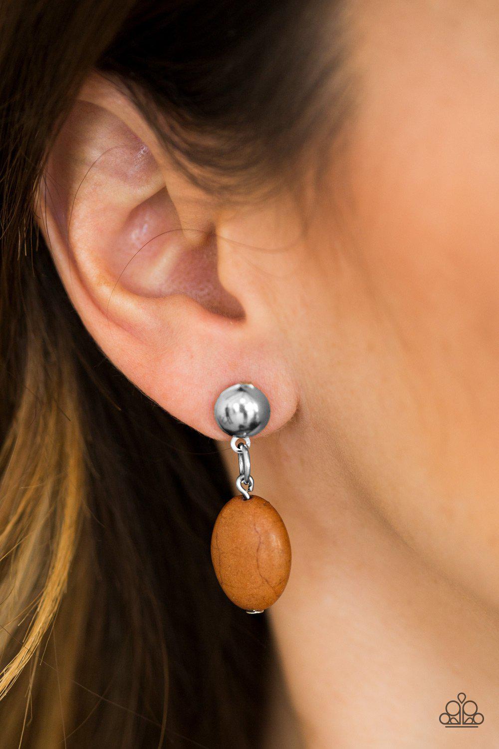 Stone Cliffs Brown Stone Post Earrings - Paparazzi Accessories - model -CarasShop.com - $5 Jewelry by Cara Jewels