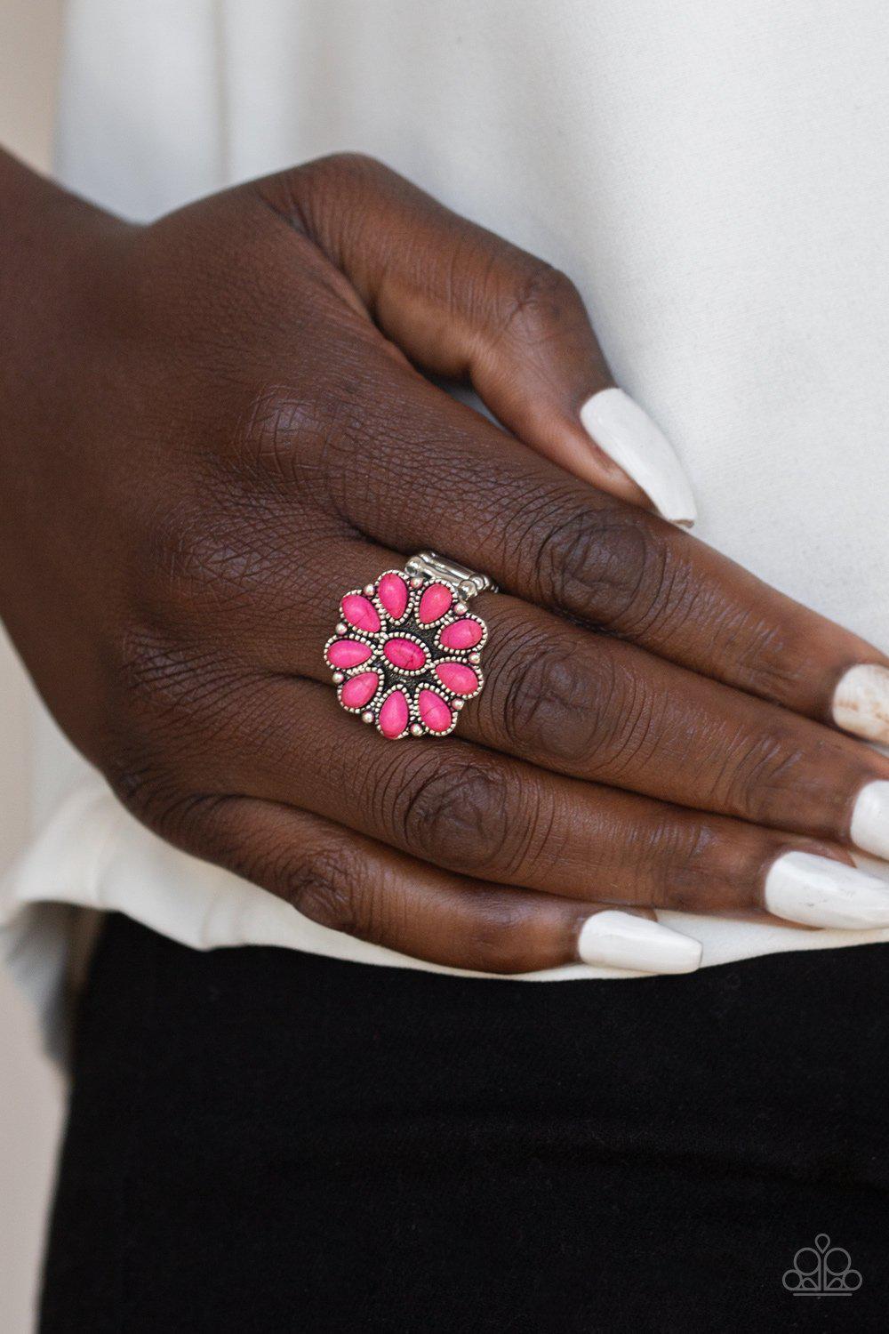 Stone Gardenia Silver and Pink Stone Flower Ring - Paparazzi Accessories-CarasShop.com - $5 Jewelry by Cara Jewels