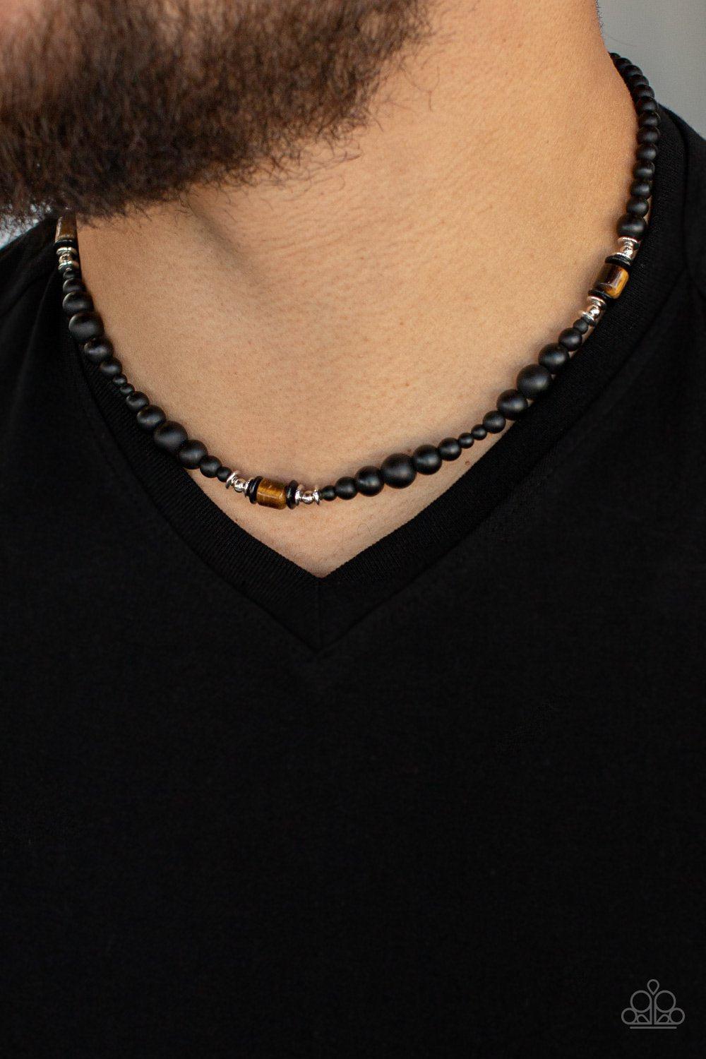 Stone Synchrony Men&#39;s Brown Tiger&#39;s Eye and Black Stone Urban Necklace - Paparazzi Accessories 2021 Convention Exclusive- model - CarasShop.com - $5 Jewelry by Cara Jewels