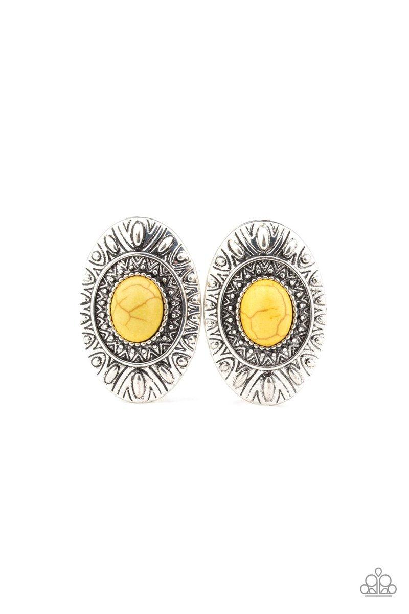 Stone Tiki Yellow Stone Post Earrings - Paparazzi Accessories-CarasShop.com - $5 Jewelry by Cara Jewels