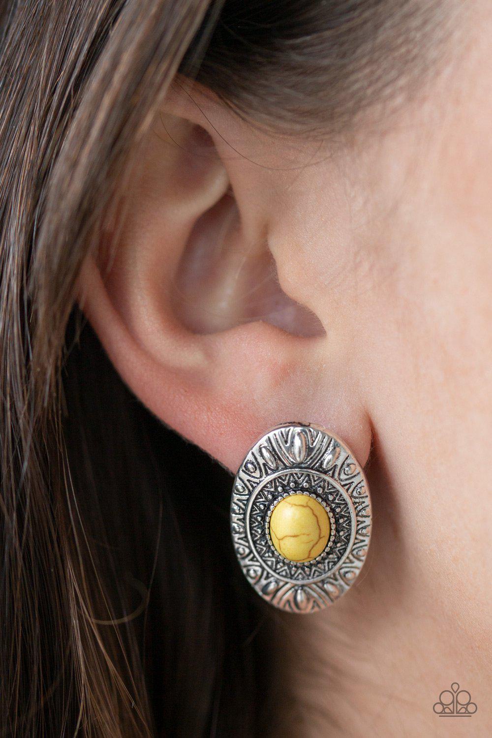 Stone Tiki Yellow Stone Post Earrings - Paparazzi Accessories-CarasShop.com - $5 Jewelry by Cara Jewels