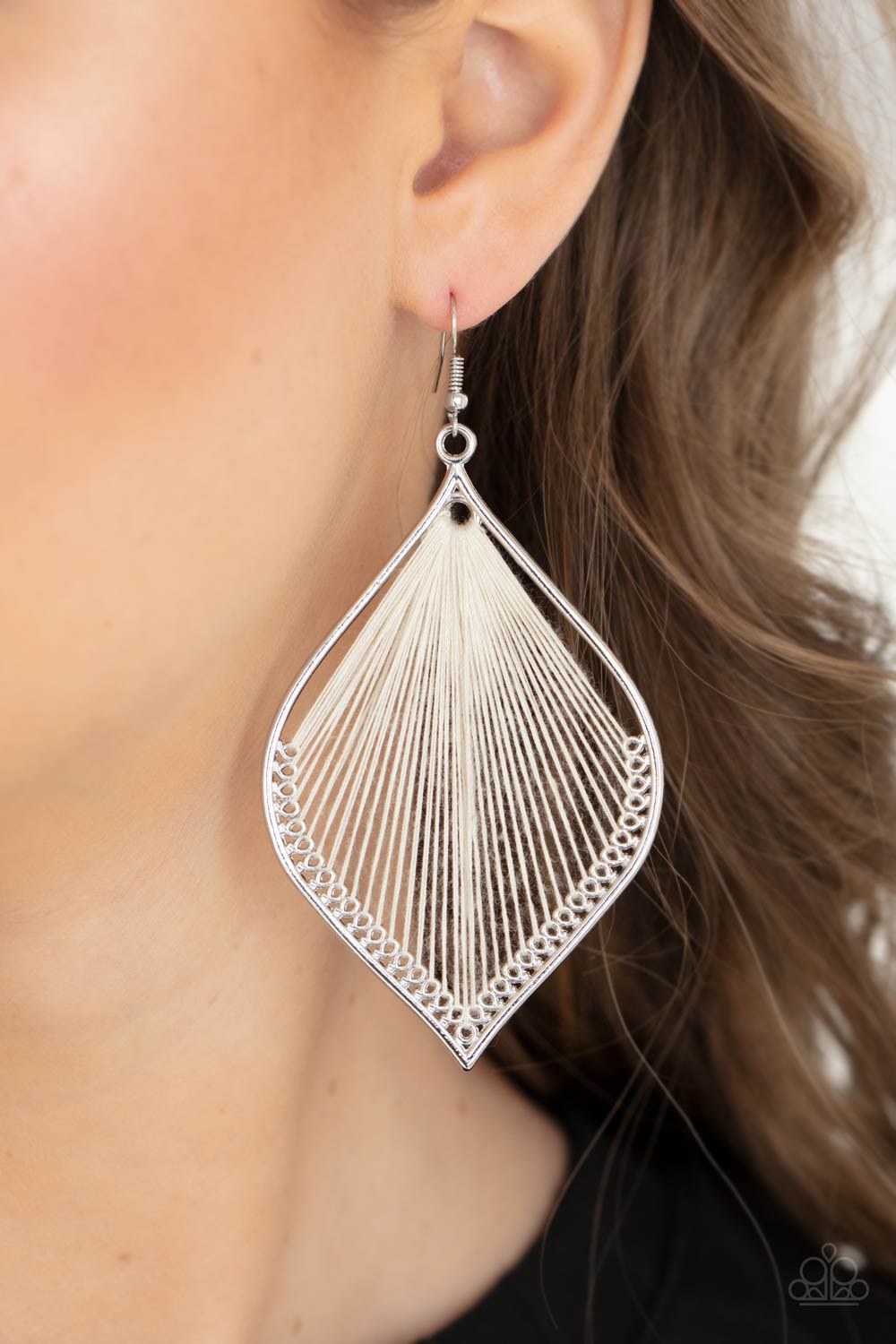String Theory White Earrings - Paparazzi Accessories- model - CarasShop.com - $5 Jewelry by Cara Jewels