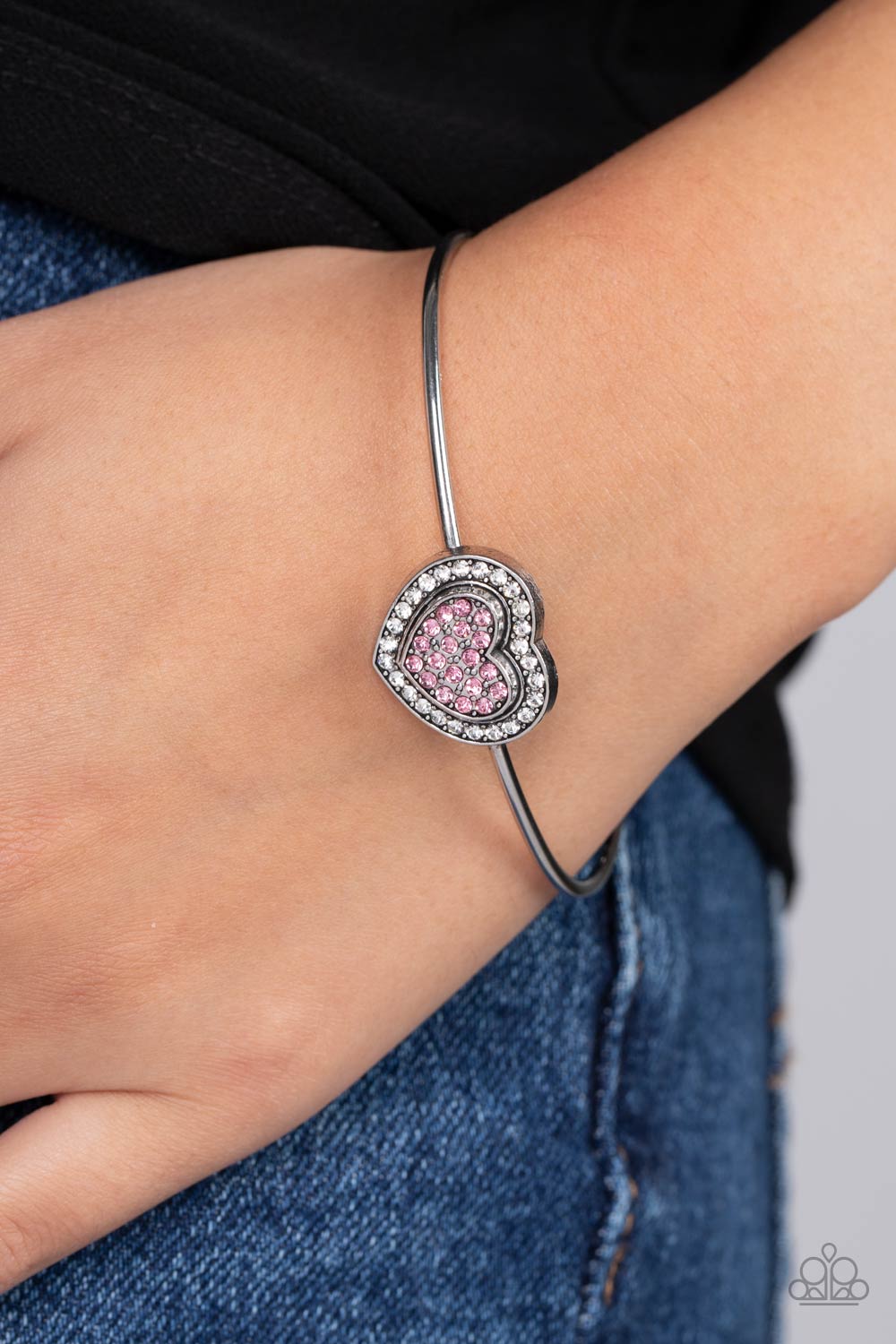 Stunning Soulmates Pink Rhinestone Heart Cuff Bracelet - Paparazzi Accessories-on model - CarasShop.com - $5 Jewelry by Cara Jewels