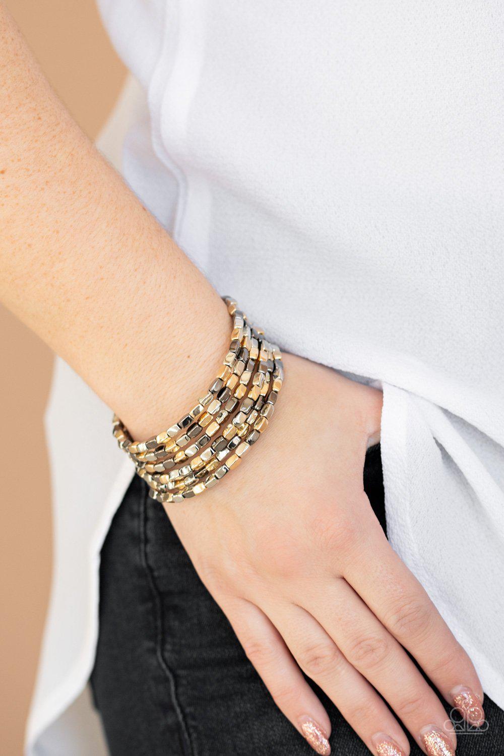 Stunningly Stacked Multi Gold, Gunmetal and Silver Wire Wrap Bracelet - Paparazzi Accessories-CarasShop.com - $5 Jewelry by Cara Jewels