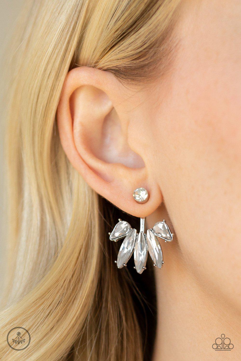 Stunningly Striking White Rhinestone Double-sided Post Earrings - Paparazzi Accessories-CarasShop.com - $5 Jewelry by Cara Jewels