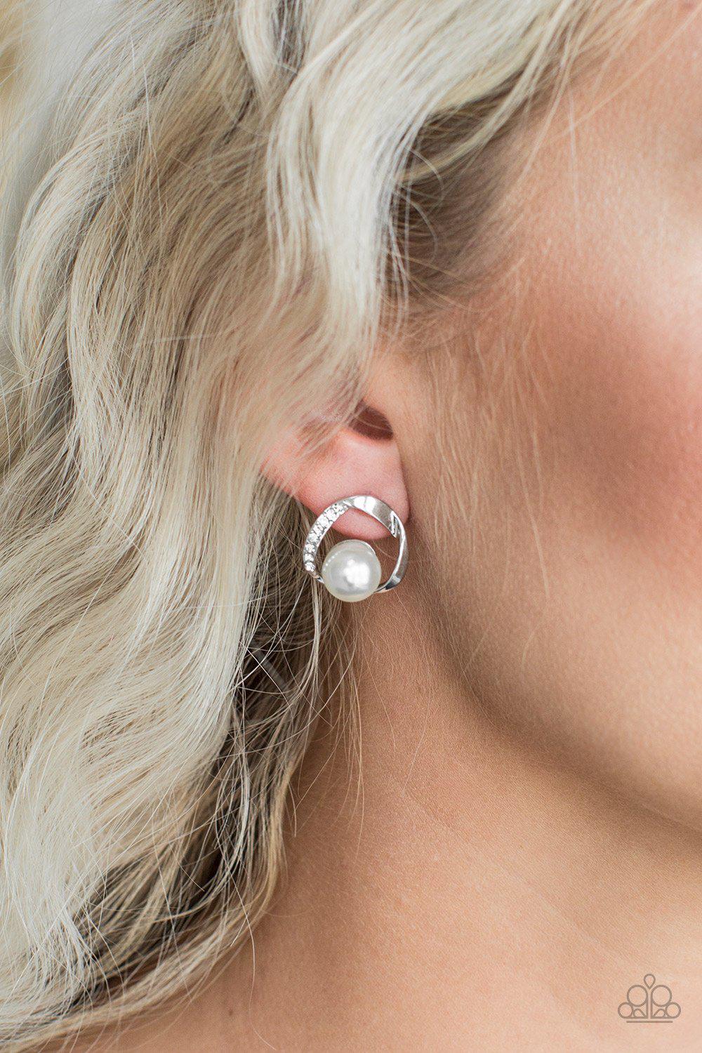 Stylishly Suave Silver and White Pearl Earrings - Paparazzi Accessories-CarasShop.com - $5 Jewelry by Cara Jewels