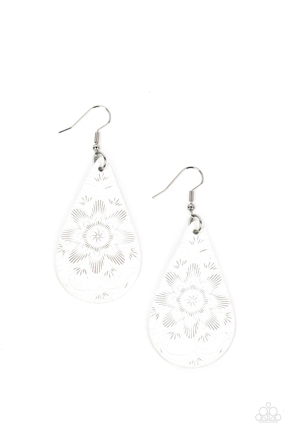 Subtropical Seasons White Leather Earrings - Paparazzi Accessories- lightbox - CarasShop.com - $5 Jewelry by Cara Jewels