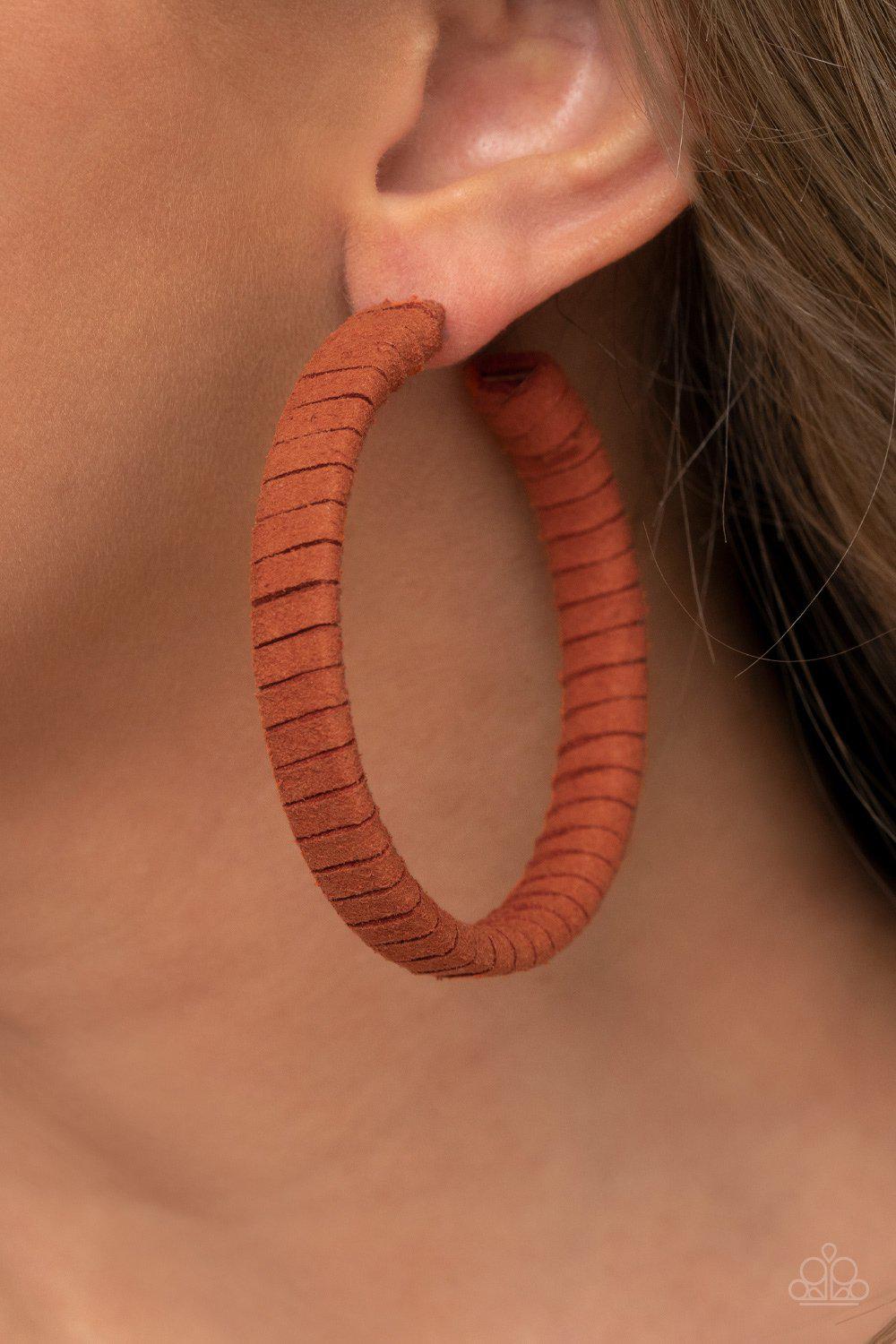 Suede Parade Orange Suede Hoop Earrings - Paparazzi Accessories- model - CarasShop.com - $5 Jewelry by Cara Jewels