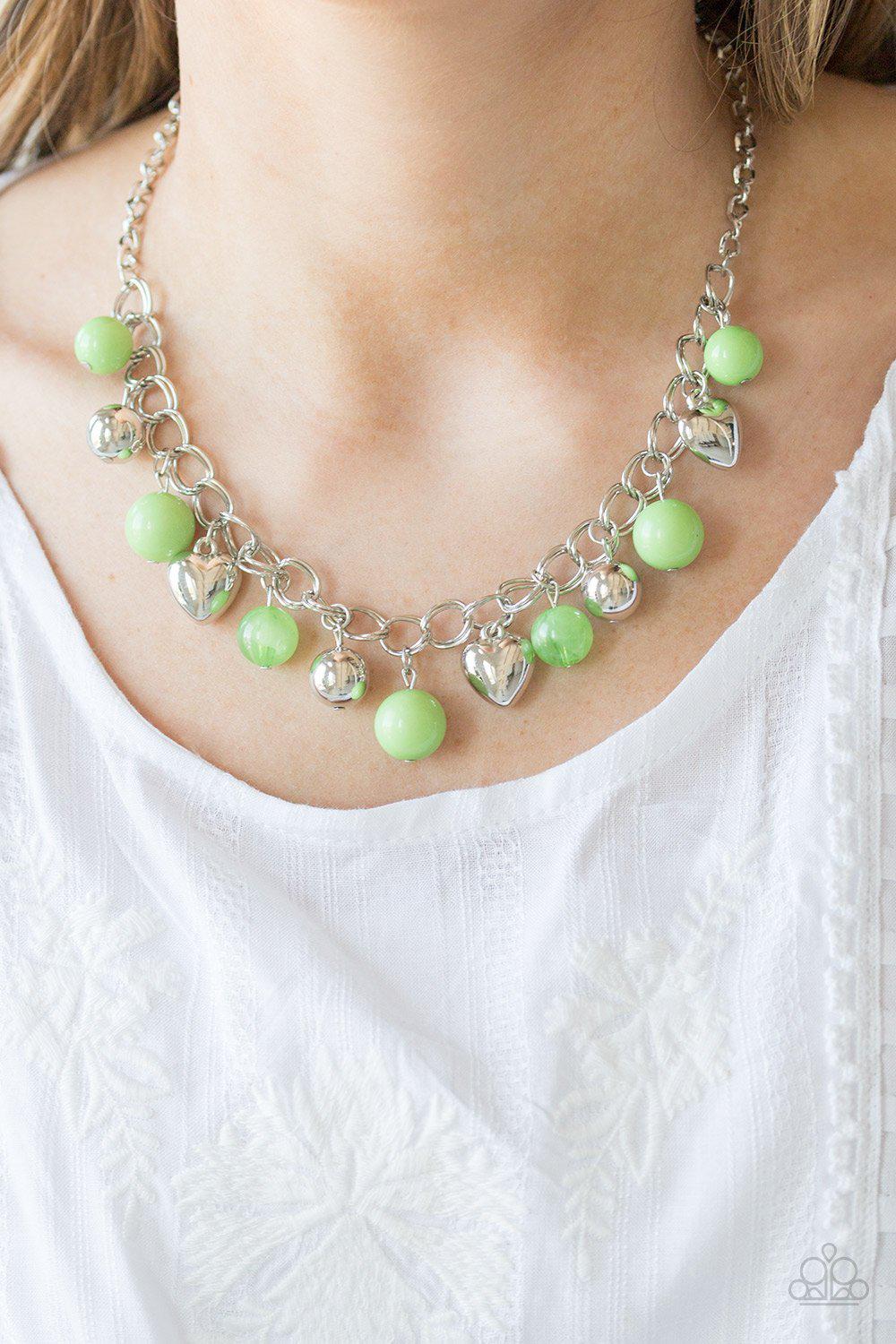 Summer Fling Green and Silver Heart Necklace - Paparazzi Accessories-CarasShop.com - $5 Jewelry by Cara Jewels