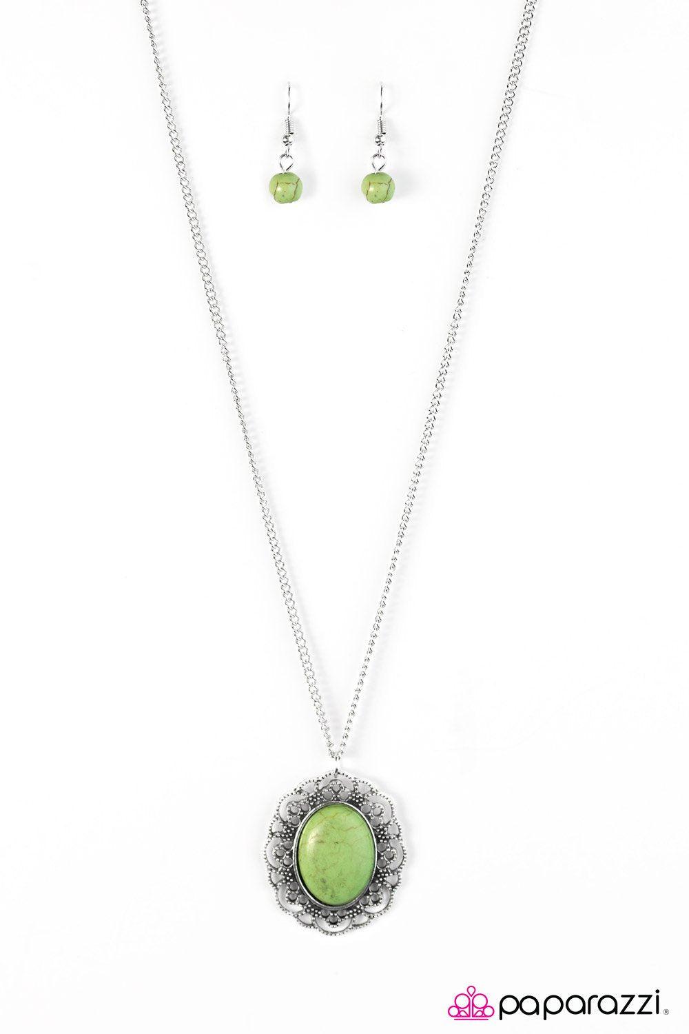 Summer Ranch Green Stone and Silver Necklace - Paparazzi Accessories - lightbox -CarasShop.com - $5 Jewelry by Cara Jewels