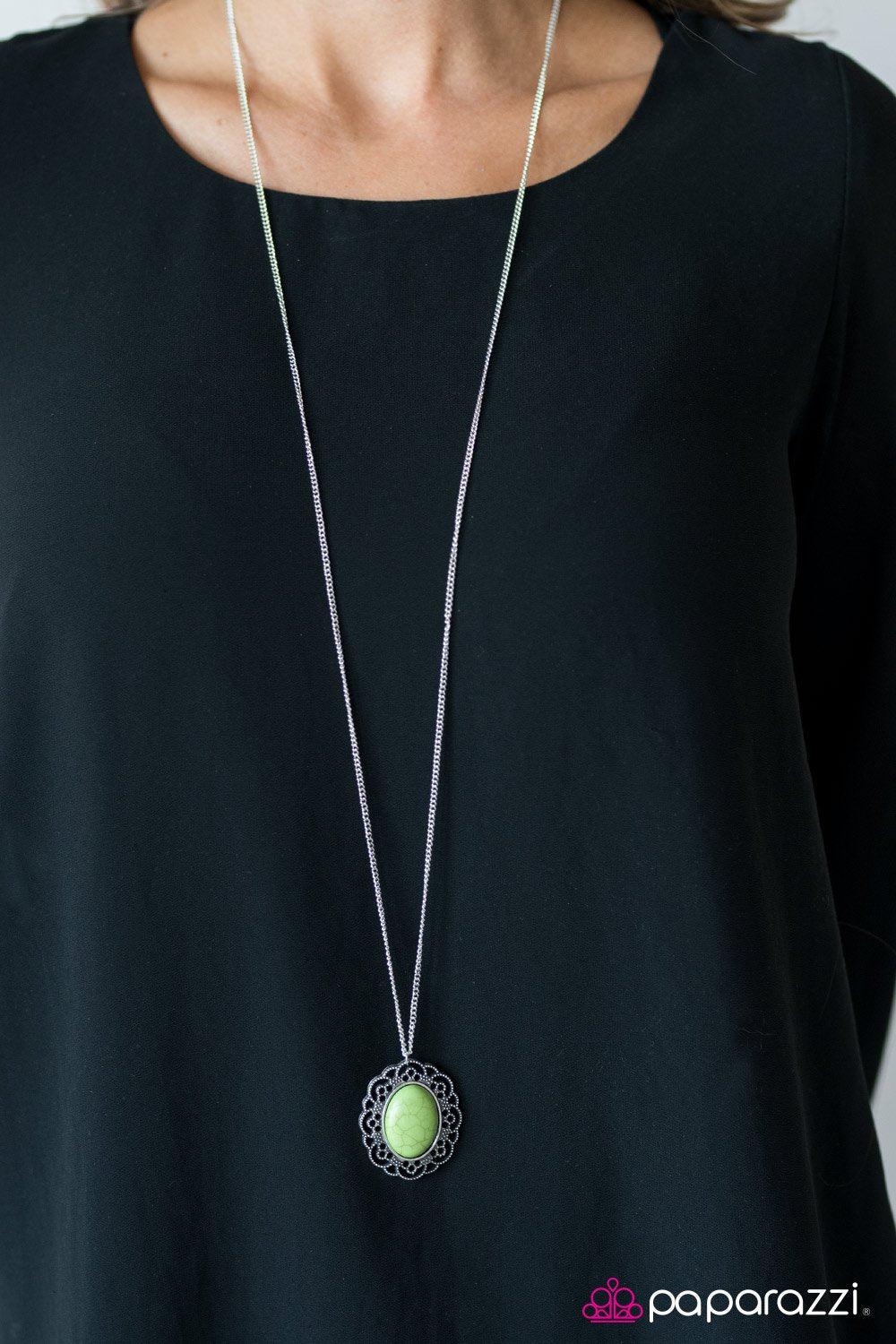 Summer Ranch Green Stone and Silver Necklace - Paparazzi Accessories - model -CarasShop.com - $5 Jewelry by Cara Jewels