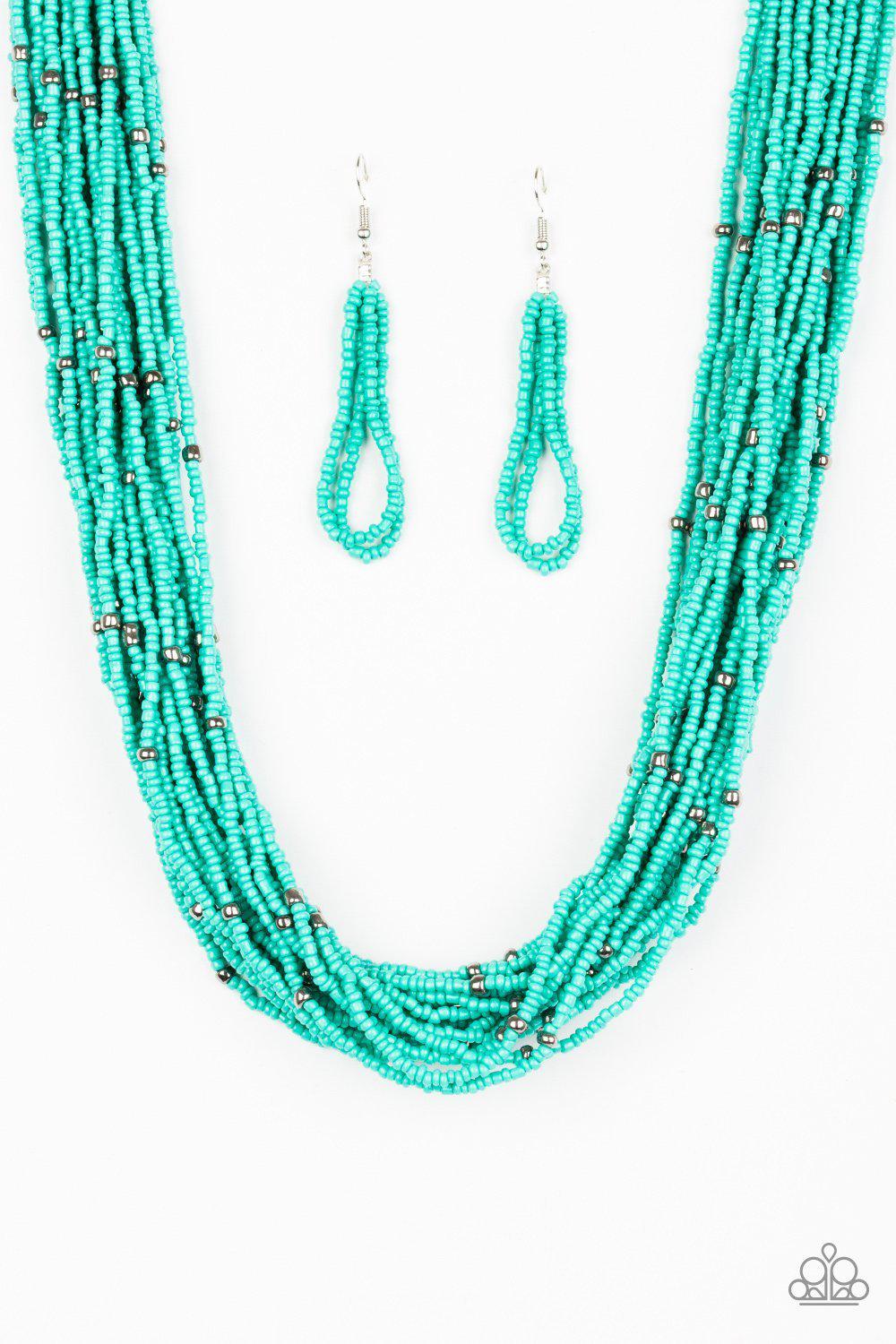 Summer Samba Blue Seed Bead Necklace and matching Earrings - Paparazzi Accessories-CarasShop.com - $5 Jewelry by Cara Jewels