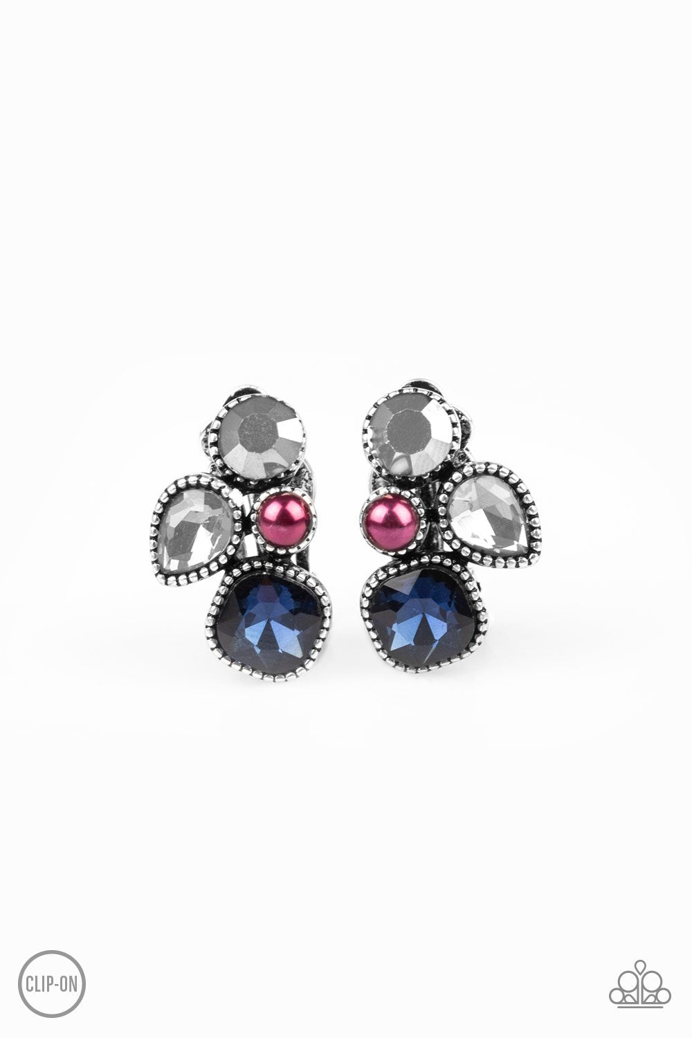 Super Superstar Multi Blue and Silver Clip On Earrings - Paparazzi Accessories - lightbox -CarasShop.com - $5 Jewelry by Cara Jewels