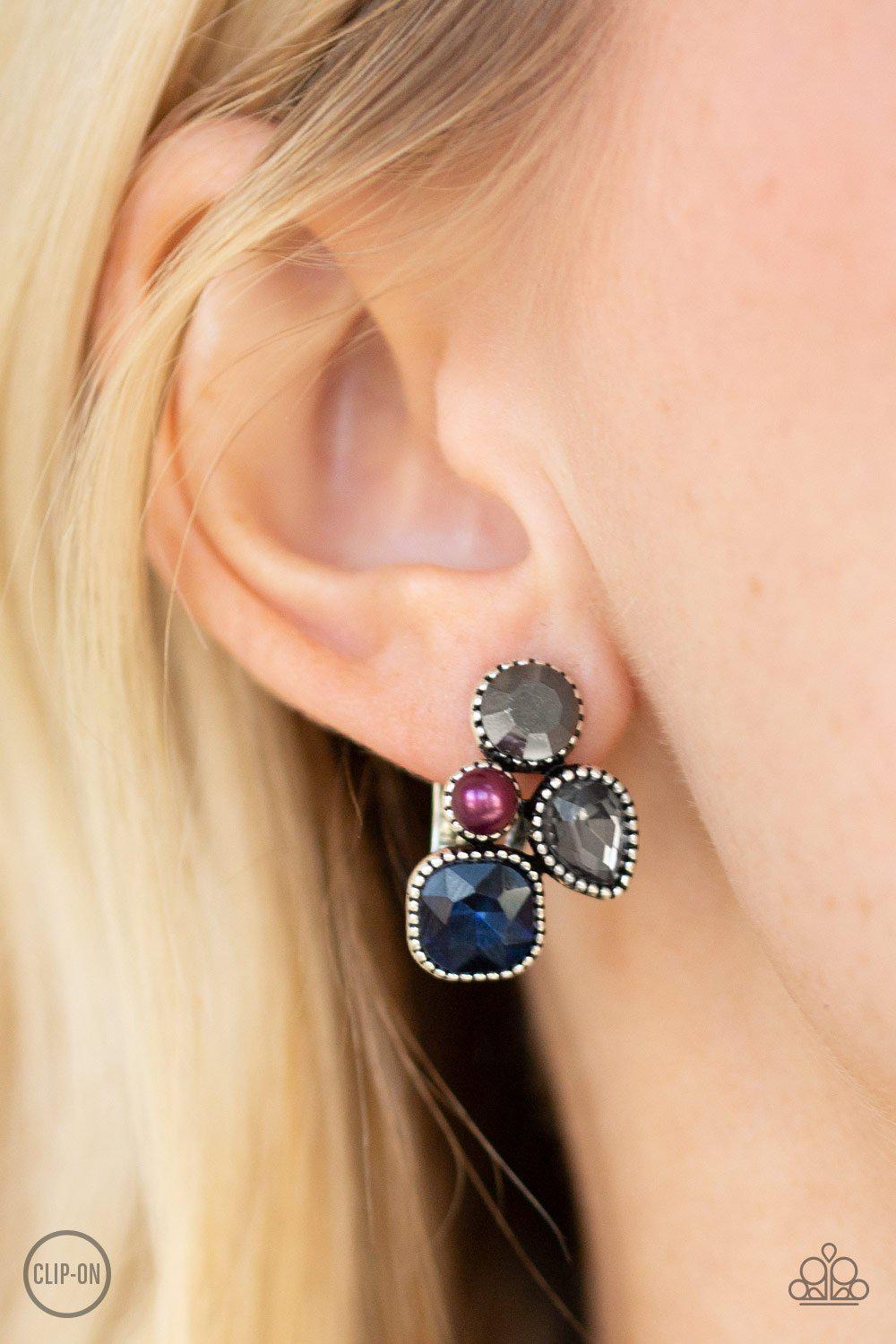 Super Superstar Multi Blue and Silver Clip On Earrings - Paparazzi Accessories - model -CarasShop.com - $5 Jewelry by Cara Jewels