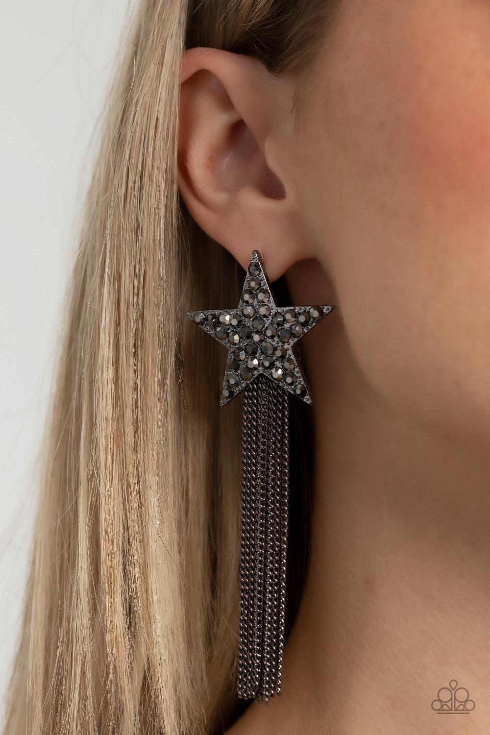 Superstar Solo Black & Hematite Rhinestone Earrings - Paparazzi Accessories- lightbox - CarasShop.com - $5 Jewelry by Cara Jewels