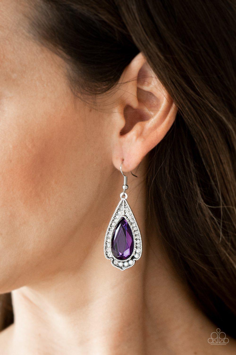 Superstar Stardom Purple Rhinestone Earrings - Paparazzi Accessories-CarasShop.com - $5 Jewelry by Cara Jewels