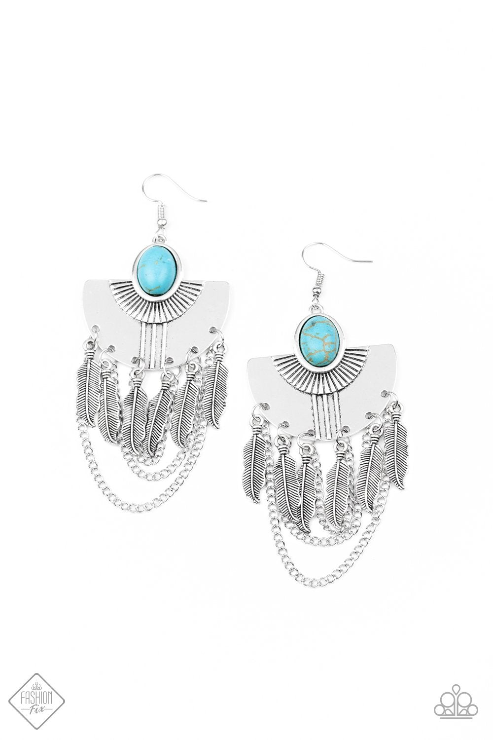 Sure Thing, Chief! Turquoise Blue Stone and Silver Feather Earrings - Paparazzi Accessories-CarasShop.com - $5 Jewelry by Cara Jewels