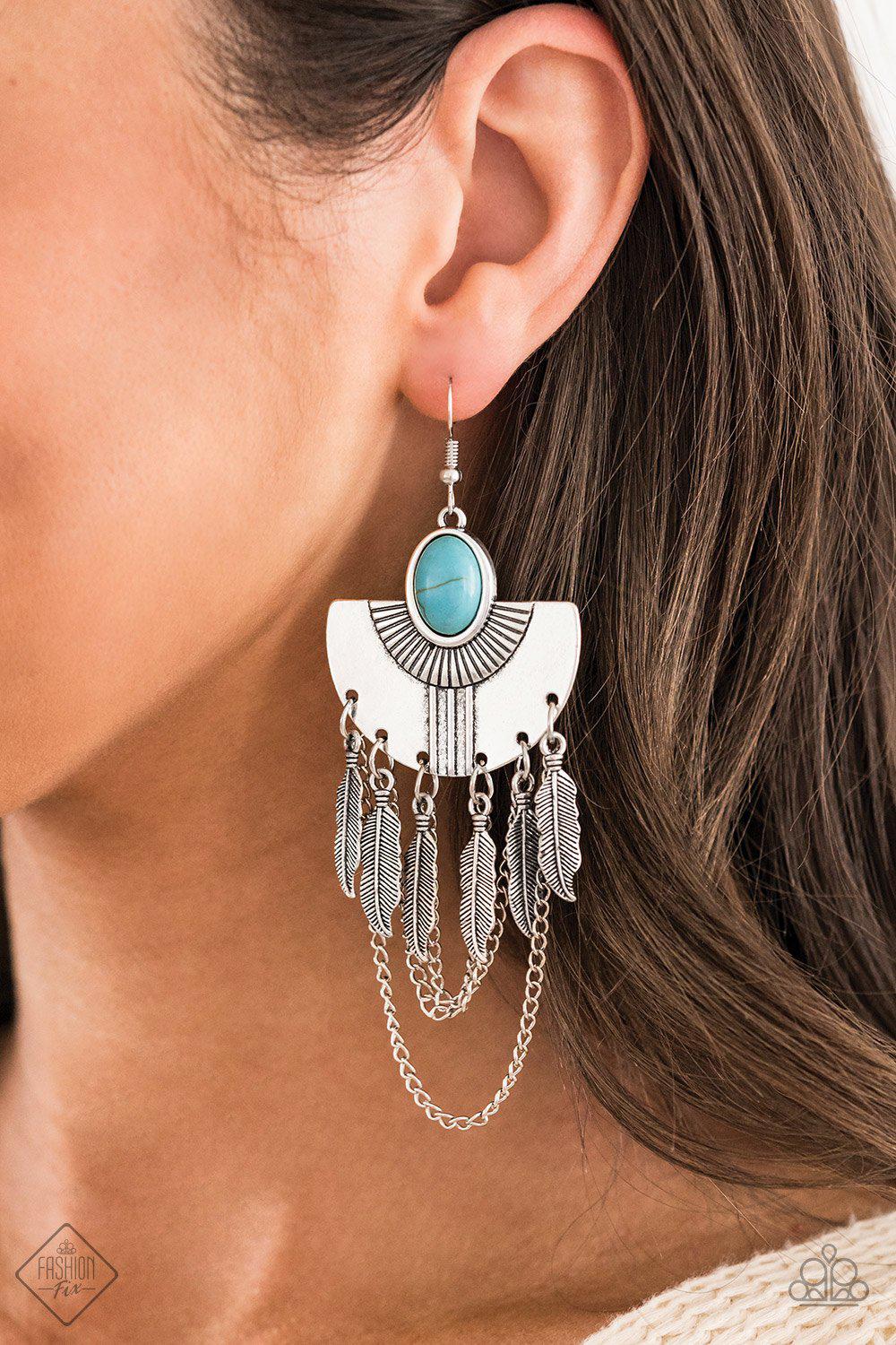 Sure Thing, Chief! Turquoise Blue Stone and Silver Feather Earrings - Paparazzi Accessories-CarasShop.com - $5 Jewelry by Cara Jewels