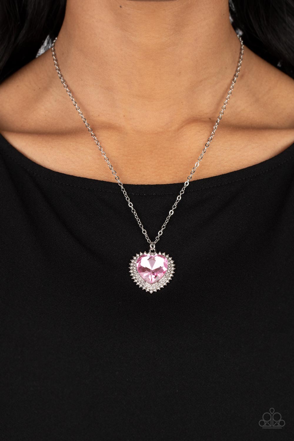 Sweethearts Stroll Pink Rhinestone Heart Necklace - Paparazzi Accessories-on model - CarasShop.com - $5 Jewelry by Cara Jewels