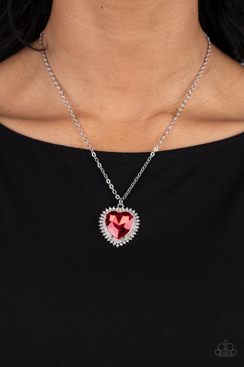 Sweethearts Stroll Red Rhinestone Heart Necklace - Paparazzi Accessories-on model - CarasShop.com - $5 Jewelry by Cara Jewels