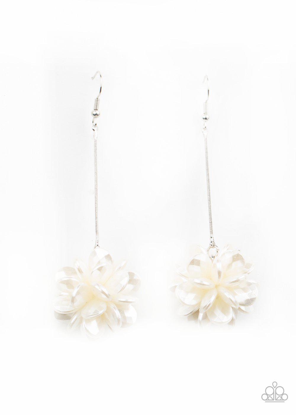 Swing Big White Pearlized Flower Petal Earrings - Paparazzi Accessories LOTP Exclusive January 2021 - lightbox -CarasShop.com - $5 Jewelry by Cara Jewels