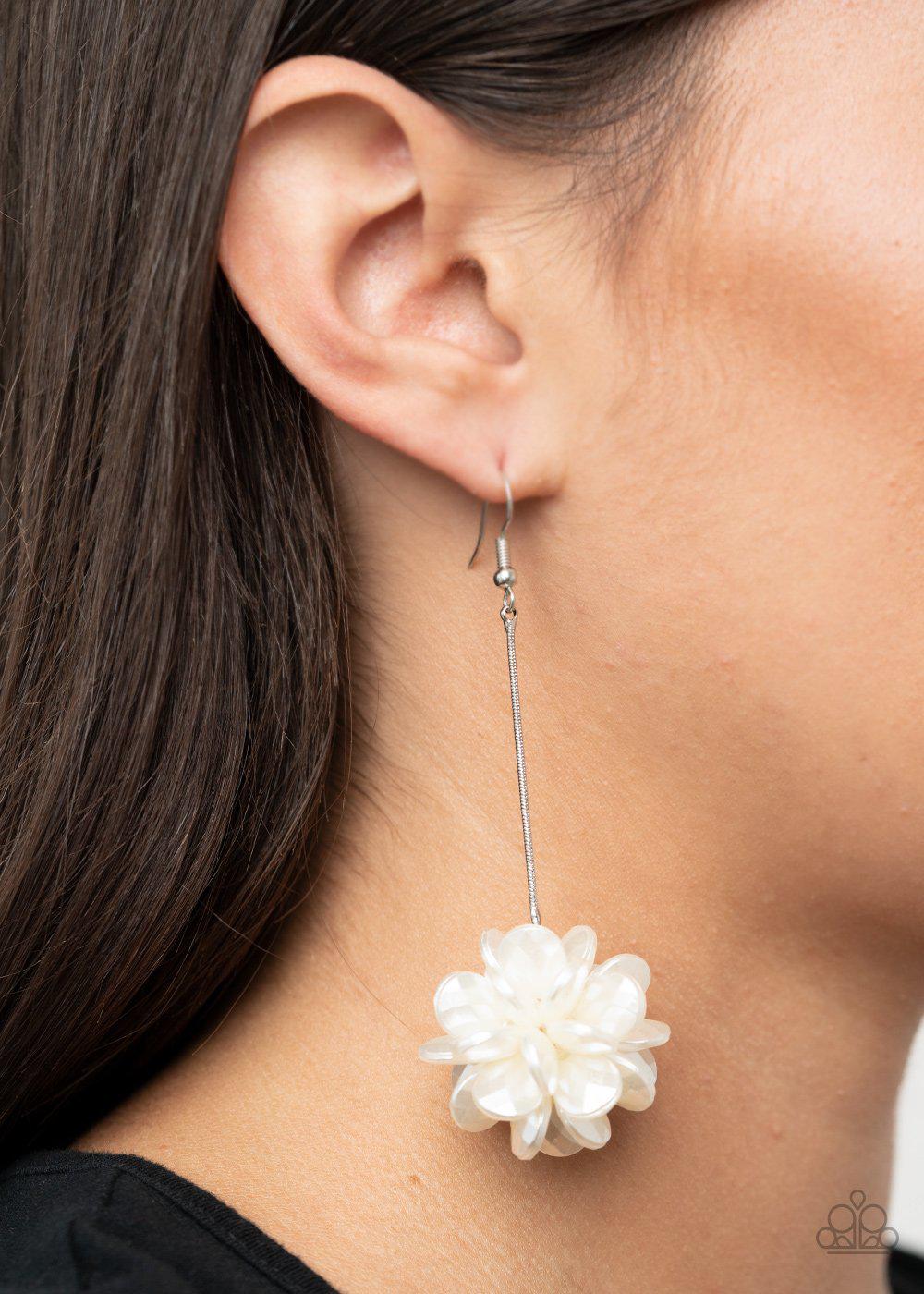 Swing Big White Pearlized Flower Petal Earrings - Paparazzi Accessories LOTP Exclusive January 2021 - model -CarasShop.com - $5 Jewelry by Cara Jewels